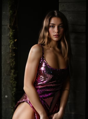 Full body photo of three serene and intricately detailed attractive girls wearing a variety of outfits: one in a sparkling pink sequin tassel dress (knee-length), another in a sleek black jumpsuit, and the third in a floral summer dress. They have blue eyes and pink lips, with the first girl having blonde hair. All are wearing Adidas sneakers. Shot in a cinematic style with a Kodak 2820 color tone, the cool colors create a forest backdrop. In the darkness, a monster's eyes flash, adding a mysterious nighttime element. Photorealistic.,foxy_di,[small_freckles]