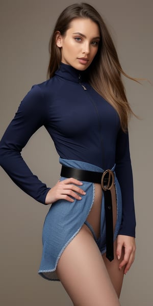 The upper part of the outfit features a structured, futuristic jacket. It has a high collar and exaggerated, angular shoulder pads, giving it a bold and commanding presence. The jacket is a blend of denim and fabric, with distinct seams and panels that create a layered effect. The sleeves are ribbed and extend to the wrists, adding to the structured look. Beneath the jacket, there is a blue turtleneck top, providing a smooth contrast to the textured outer layer. A belt cinches the waist, accentuating the model's figure. The belt is thin, with a small dangling detail that adds a subtle touch of elegance.
