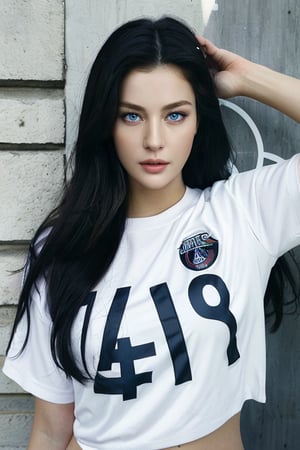 Full body photo of 1i7t713r-smf woman,
(greater details in definitions of face and eyes), clear face, clear eyes, (realistic and detailed skin textures), (extremely clear image, UHD, resembling realistic professional photographs, film grain), a pretty nordic girl wearing a white and grey sports jersey with the text “QATAR AIRWAYS” printed across the front. The person’s face is nordic girl, and she standing against a concrete wall. The concrete wall is illuminated by bright sunlight. The person is actually wearing a Paris Saint-Germain (PSG) football team kit with “QATAR AIRWAYS” printed in black text across the front of the jersey. Above the text, there’s a logo consisting of a circle with intricate designs inside it, and below it, there’s Puma’s logo (a jumping cat). One arm of the individual is visible, displaying tattoos on their skin
, 