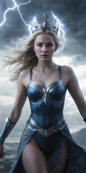 Epic full-body portrait of 17 years old Nordic girl from X-Men standing tall amidst a backdrop of turbulent storm clouds, her wearing Imperial Crown of Russia,her face tilted upwards as she summons the power of the tempest. Chaotic lightning illuminates her white skin, while breathtaking wisps of fog swirl around her in HD photorealistic detail. Focal length: 50mm, Depth of Field (DOF) Q5, Aperture Ratio (AR) 8:10, Viewpoint (V) 5. 