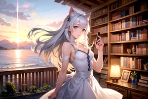 (8k, best quality, masterpiece:1.4), ultra high res, amazing, (realistic:1.48), 1girl, solo, shoot sky view, swept back hair, detailed pupils, blue sky, books, notebooks, ultra detailed moss green eyes, (scenery), (lens flare:1), realistic shadows from objects, meteor shower, detailed background, bookshelf, book stack, 1 girl cat ears silver long hair, (bottles sphere:0.5), golden light, mana light, star trail, outdoors library, detailed lighting, soft lighting colorful, beach scenery, ray light, white gown, chest, many crystals in wooden chest, golden light, (crystal daylight:0.6), botanical ornaments, botanical books, potion in glass bottle, smile, light smile