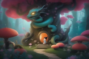   ultra highly detailed, , cinematic, 32k,  Asian folklore,  detailed  ink, acrylic,  by Craola,  Nicoletta Ceccoli, Beeple, Jeremiah Ketner  Todd Lockwood, storybook illustration,  cute  vivid tiny   Yokai  fairy   girl  and  perfect  Asian  ghost dragon , extremely big sharp  glowing   eyes,  meadow, forest,  night, ,stars, starry sky, fairytale,  storybook,   mystical, highly detailed unusual  highly detailed, intricated, intricated pose,   masterpiece, high quality, ultra details, small detailing,vibrant colors, complex patterns , unreal engine 