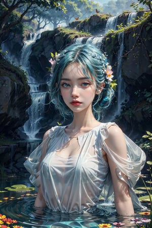 Hair, cascading waterfall, iridescent blue-green. Amidst floating islands and cascading waterfalls, girl surrounded by butterfly-like creatures shimmering in every hue, translucent clothes, ((masterpiece, best quality, cinema light)), sharp focus,perfecteyes,Detailedface,Detailedeyes,realistic,girl in ponds,cloud,High detailed 
