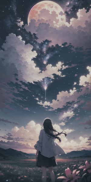 expansive landscape photograph , (a view from below that shows sky above and open field below), a girl standing on flower field looking up, (full moon), ( shooting stars:0.9), (cloud:1.3), distant mountain, Firefly, lot of purple and orange, intricate details,
(masterpiece:1.2), (best quality), 4k, ultra-detailed, (dynamic composition:1.4), highly detailed, colorful details,( iridescent colors:1.2), (dim moonlight), dreamy, magical, (solo:1.2)