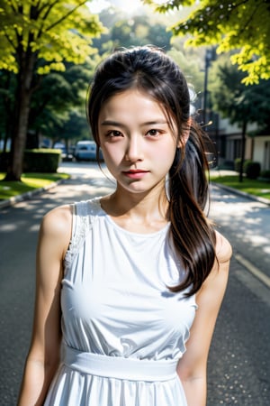girl with black long_ponytail, 18 years old,asian girl,dress,full_body,high_res,high detail,masterpiece,face to me,perfecteyes,forward,:),school,sunshine,sunlight,road in lawn,lace_trim,(white:2),blink,close one eye