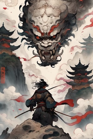 (4K, masterpiece, ultra_detail, chinese_ink_paint),man Looking down at the camera from above,looking at viewer, sword_in_hand, complex background,ink scenery,(dreamlink,fantasy,sharp focus),EpicSky,mythical clouds