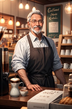 The happy handsome Indonesian coffee shop owner smiled broadly welcoming every customer, grey beard and hair, muscular, cozy place, LOFI, shallow depth of field, bokeh, dynamic lighting, cinematic, masterpiece, best quality, high resolution