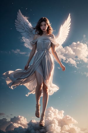 A full body shot of an angel hovering over the clouds, ethereal, divine, pure, wings, blue hour, mist, windy, cinematic, masterpiece, best quality, high resolution