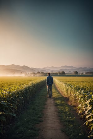 A full body shot of a farmer standing on a cornfield, blue hour, mist, windy, cinematic, masterpiece, best quality, high resolution