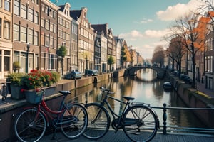 Landscape, photography, Amsterdam canal house, flower, bicycle, city, daylight, epic, cinematic, river, ornate, realistic