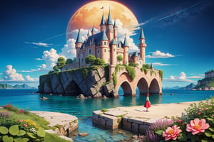 A dreamlike landscape of a island with a mystical castle and vibrant flora, painted in a whimsical style with bright colors and a touch of surrealism, inspired by the works of Hayao Miyazaki and Mary Blair