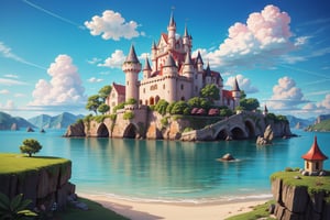 A dreamlike landscape of a island with a mystical castle and vibrant flora, painted in a whimsical style with bright colors and a touch of surrealism, inspired by the works of Hayao Miyazaki and Mary Blair