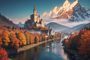 Mountain landscape in autumn, vibrant colors, powerful style with epic dramatism, small village, gothic castle on mountain peak, river and lake, masterpiece, best quality, maximum quality, intricate details, ultrasharp, ambient occlusion, realistic shadows, art by Bastien Lecouffe Deharme, 8k