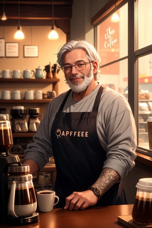 The happy coffee shop owner smiled broadly welcoming every customer, grey beard and hair, muscular, cozy place, LOFI, shallow depth of field, bokeh, dynamic lighting, cinematic, masterpiece, best quality, high resolution