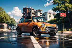 1970 Classic yellow mini copper with wide body kit is drifting in the street of Indonesian farm hill, poster composition,  carbon fiber engine cover, black rim, hot wheels style, sunny day, cool, aesthetic, spoilers, full car in frame, full car picture, drift, highly detailed, 8k, 1000mp, ultra sharp, masterpiece, realistic, detailed grills, detailed headlights, 4k grill, 4k headlight