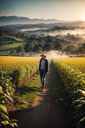 A full body shot of a farmer standing on a cornfield, blue hour, mist, windy, cinematic, masterpiece, best quality, high resolution