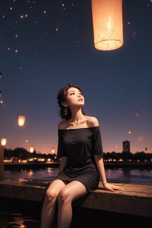 A beautiful girl wearing off shoulder t-shirt dress sit in the dock, epic background, into the dark, deep shadow, cinematic, masterpiece, best quality, high resolution, sky lantern, yofukashi background