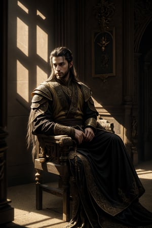 A good looking young prince, tied up hairstyle, thin beard, athletic, wearing full body armor, sitting with natural pose at the throne, sword and shield on the wall at background, into the dark, deep shadow, cinematic, masterpiece, best quality, high resolution