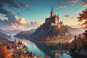 Mountain landscape in autumn, vibrant colors, powerful style with epic dramatism, small village, gothic castle on mountain peak, river and lake, masterpiece, best quality, maximum quality, intricate details, ultrasharp, ambient occlusion, realistic shadows, art by Bastien Lecouffe Deharme, 8k