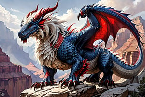 A hyper-realistic dragon with distinctly American features, blending natural and patriotic elements. The dragon's scales are a deep mix of red and blue, with subtle hints of white, creating a bold and powerful appearance. The dragon’s body is muscular, with large, leathery wings, sharp claws, and a fierce, piercing gaze. Its scales have a natural texture but are colored to evoke a sense of American pride. Like the Grand Canyon or the Rocky Mountains, with dramatic lighting that emphasizes its majestic form and the vast, rugged landscape. The overall scene is photorealistic, blending the dragon seamlessly into the American setting, creating a powerful and awe-inspiring image. Background like the Grand Canyon or the Rocky Mountains, with dramatic lighting that emphasizes its majestic form and the vast, rugged landscape.