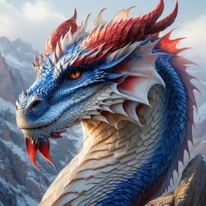 A hyper-realistic dragon with distinctly American features, blending natural and patriotic elements. The dragon's scales are a deep mix of red and blue, with subtle hints of white, creating a bold and powerful appearance. The dragon’s body is muscular, with large, leathery wings, sharp claws, and a fierce, piercing gaze. Its scales have a natural texture but are colored to evoke a sense of American pride. Like the Grand Canyon or the Rocky Mountains, with dramatic lighting that emphasizes its majestic form and the vast, rugged landscape. The overall scene is photorealistic, blending the dragon seamlessly into the American setting, creating a powerful and awe-inspiring image. Background like the Grand Canyon or the Rocky Mountains, with dramatic lighting that emphasizes its majestic form and the vast, rugged landscape.