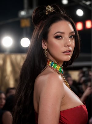 Angela White and Remy Lacroix stand side-by-side against a dark backdrop, their figures silhouetted against the darkness. Meanwhile, AJ Applegate shines on the red carpet at the Oscar event, surrounded by vibrant colors and pulsating lights.

In another frame, a stunning Russia model girl poses confidently in front of the camera, her long hair cascading down her back like a golden waterfall. She wears a breathtaking red dress with intricate tassel details, her closed mouth and piercing gaze drawing the viewer's attention.

The model's brown hair is styled to perfection, framing her beautiful features as she gazes directly at the camera lens. A delicate jewelry set adorns her neck and ears, adding a touch of elegance to her overall look. The Canon EOS D5 Mark IV captures every detail with precision, blurring the background to emphasize the subject's striking presence.,angelawhite