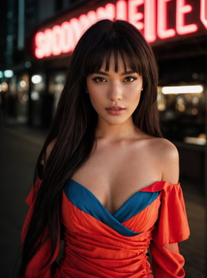 A stunning young woman with long, flowing brown hair and straight bangs poses amidst a kaleidoscope of vibrant neon lights. Wearing a striking red off-shoulder ruched dress that contrasts beautifully with the blue and red glow, she exudes calm yet intense beauty. Shallow depth of field focuses on her serene expression as blurred neon signs create a dynamic urban backdrop. Softly glowing reflections add depth to this visually stunning magazine cover, blending urban energy with dreamy elegance.