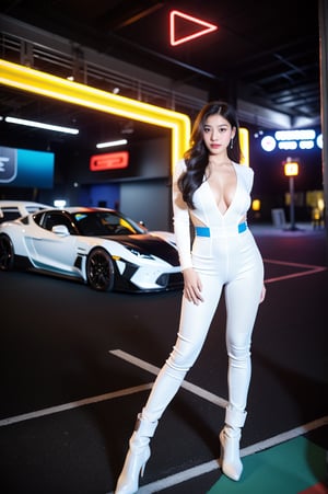 A dynamic Pop Art-inspired racing scene: A female driver in a vibrant white lace jumpsuit with bold stripes stands out against the gritty, neon-lit dystopian cityscape. Captured by the EOS D5 Canon Mark IV camera, the cinematic shot showcases her full body, striking visage, and athletic physique as she gazes directly at the viewer. Professional color grading enhances the bold colors.,AJ