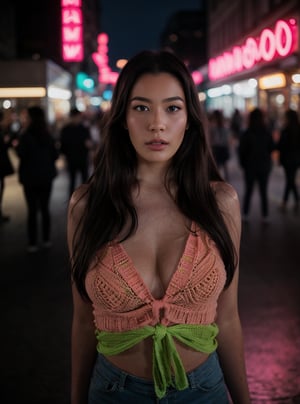  A stunning young woman with long, flowing brown hair and straight bangs stands amidst vibrant neon lights. She wears a Crochet Mesh Tied Top & Wide-Leg Pants Set, which contrasts beautifully with the blue and red neon glow around her. The background features blurred neon signs, creating a colorful and dynamic urban setting. The soft neon light casts a subtle, colorful glow on her face, enhancing her calm yet intense expression. The photograph is taken with a shallow depth of field, focusing on her face while the background remains softly blurred. Reflections of the neon lights add depth and layers to the scene, creating a visually striking image that blends urban energy with serene beauty, 1girl, solo, long hair, brown hair, (beautiful and aesthetic:1.2), stylish pose, dreamy expression, neon lights, vibrant colors, urban setting, shallow depth of field, reflections, ruched dress, contrasting colors, soft glow, dynamic scene,angelawhite,1i7t713r-smf