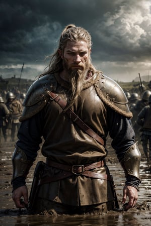 1 male, a viking soldier, wearing viking armor, long hairs, mud on his face, mud on everywhere, serious look, in a battlefield, masterpiece, high quality, portrait shot, wide angle, professional photography, intricate details on his armor, complex patterns, valhalla