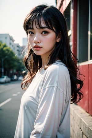 A portrait photography of a beautiful young indonesian girl in the 1990's, very long wavy hair with bangs, unsplash, 90s photography, analog, style of petra collins, medium full shot