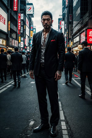 Full body portrait of handsome yakuza standing in the middle street of Shinjuku, facial hair, wearing black suite, neon light, shallow depth-of-field, cinematic, masterpiece, best quality, high resolution
