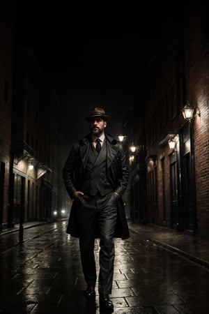 A handsome man, thin beard, wearing a suit and raincoat, 1920s vibe, standing with natural stance at cobblestone street, full body, rainy and foggy at background, into the dark, deep shadow, cinematic