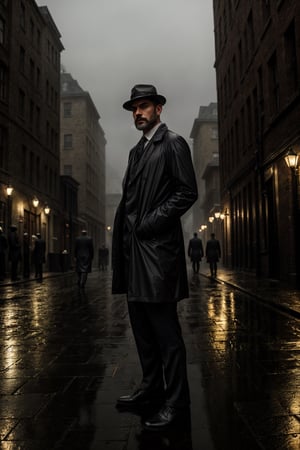 A handsome man, thin beard, wearing a suit and raincoat, 1920s vibe, standing with natural stance at cobblestone street, rainy and foggy at background, into the dark, deep shadow, cinematic