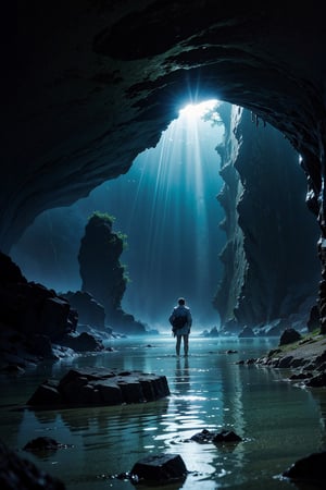 A male explorer standing in the lost city of Atlantis emerges from the depths of the ocean, revealing magnificent underwater architecture and ancient ruins, Mysterious, mythical, submerged, bioluminescent, advanced underwater technology, ethereal atmosphere, intricate details, cascading waterfalls, Highly detailed digital painting, emphasis on translucency and reflection, dynamic lighting effects