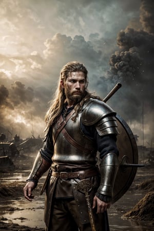 1 male, a viking soldier, wearing viking armor, long hairs, mud on his face, mud on everywhere, serious look, in a battlefield, masterpiece, high quality, portrait shot, wide angle, professional photography, intricate details on his armor, complex patterns, valhalla