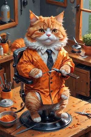 Cat getting a haircut, orange cat, epic background, masterpiece, best quality, high resolution, ((isometric))