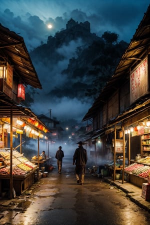 Street Vendor in the style of gauzy atmospheric landscapes, traditional Indonesian market atmosphere, misty, foggy, moody, blue hour 
