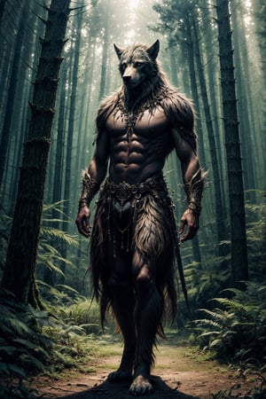 A fantastical full-body portrait of a mythical creature, half-human and half-beast, standing tall in a mythical forest. The art form is digital illustration, taking inspiration from the works of Brian Froud. The scene is filled with magical elements, like floating orbs and glowing flora. The color temperature is a mix of warm and cool hues, enhancing the sense of wonder. The facial expression reflects the creature’s mystical nature, with a hint of mystery. The lighting creates a magical ambiance, casting intricate patterns of light and shadow on the forest floor. The atmosphere is enchanting and filled with ancient secrets.