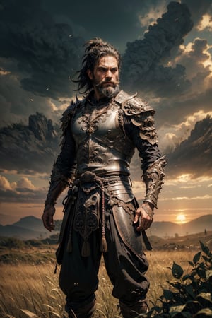A man named Bunbun, a good looking warrior, Indonesian, black eyes, short black hair, beard, wearing a black armor with intricate detail, standing, on the long grass field, natural pose, winning expression, sunset, epic background, (4k), (masterpiece), (best quality), (extremely intricate), (realistic), (sharp focus), (cinematic lighting), (extremely detailed)