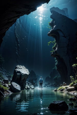 A male explorer standing in the lost city of Atlantis emerges from the depths of the ocean, revealing magnificent underwater architecture and ancient ruins, Mysterious, mythical, submerged, bioluminescent, advanced underwater technology, ethereal atmosphere, intricate details, cascading waterfalls, Highly detailed digital painting, emphasis on translucency and reflection, dynamic lighting effects