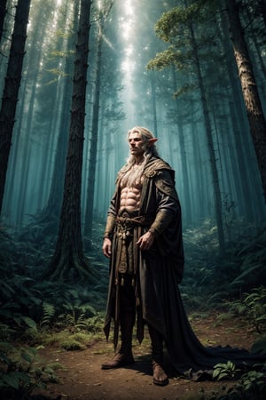 A fantastical full-body portrait of a mythical creature, half-human and half-elf, standing in a mythical forest. The art form is digital illustration, taking inspiration from the works of Brian Froud. The scene is filled with magical elements, like floating orbs and glowing flora. The color temperature is a mix of warm and cool hues, enhancing the sense of wonder. The facial expression reflects the creature’s mystical nature, with a hint of mystery. The lighting creates a magical ambiance, casting intricate patterns of light and shadow on the forest floor. The atmosphere is enchanting and filled with ancient secrets.