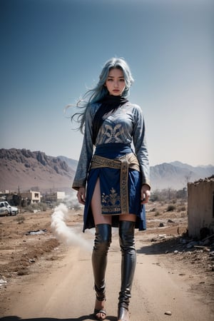 A beautiful indonesian girl warrior, with piercing blue eyes and long flowing blue hair, wearing intricately crafted armor adorned with traditional motifs, standing defiantly amidst the chaos of a war zone scene set in a desolate desert landscape with smoke-filled skies, rubble-strewn ground, and the distant sound of battle, high resolution, cinematic quality