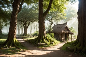In the heart of a dense, mist-enshrouded forest lies a medieval town. Cobblestone streets wind through stone houses with thatched roofs. The town's walls, made of aged stone, protectively encircle it. Towering spires and chimneys break the skyline. Outside the walls, the forest looms, ancient trees with gnarled roots and canopies so thick that daylight filters through in soft, dappled patterns. Whispers of mystery hang in the air, as if the forest holds secrets waiting to be discovered.