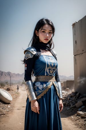 A beautiful indonesian girl warrior, with piercing blue eyes and long flowing blue hair, wearing intricately crafted armor adorned with traditional motifs, standing defiantly amidst the chaos of a war zone scene set in a desolate desert landscape with smoke-filled skies, rubble-strewn ground, and the distant sound of battle, medium full shot, high resolution, cinematic quality