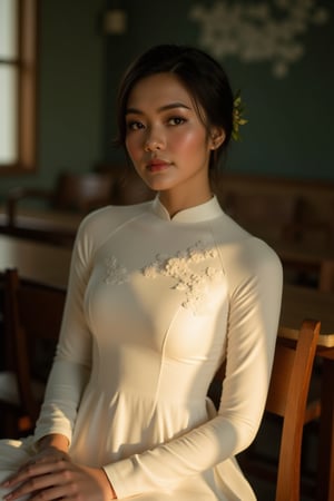 A young stunning Vietnamese school girl emerges from the dimly lit shade, her pale skin glowing with a warm, gentle light. She wears a breathtaking white Ao Dai, its intricate details and folds rendered in ultra-high definition (1.4). Her flustered expression gives way to a radiant blush as she gazes directly at the viewer, romatically sitting on a wooden chair in classroom, her wrinkled skin and slender figure exuding vulnerability. The background is expertly blurred, with only her knee and the folds of her Ao Dai in sharp focus, creating a sense of intimacy and mystery. The overall effect is nothing short of masterpiece-quality, as if plucked straight from a 32K CG Unity 8K wallpaper, full_body look,vietnamese traditional ao dai,VNS_Add more details