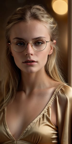 (NSFW:1.6), ((((close face portrait))) of18 yo russian girl, blonde hair in a messy bun,  ((glasses)),  long legs,  (small breasts), (tiny breasts).  (golden short satin blouse), sexy gold stockings,
(perfectly detailed pussy:1.7), 
Background bokeh,  accurate hands,  warm lighting,  octane render, (photpgraph in the style of Peter Lindbergh),sad,photo r3al,sorrowful,sad looking,skirtlift