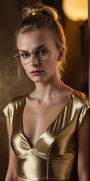 (NSFW:1.6), ((((close face portrait))) of18 yo russian girl, blonde hair in a messy bun,  ((glasses)),  long legs,  (small breasts), (tiny breasts).  (golden short satin blouse), sexy gold stockings,
(perfectly detailed pussy:1.7), 
Background bokeh,  accurate hands,  warm lighting,  octane render, (photpgraph in the style of Peter Lindbergh),sad,photo r3al,sorrowful,sad looking,skirtlift
