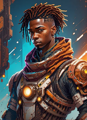 African Nigerian youthful man looking hopeful gearing up for cosmic battle in a sci-fi tech suit,dreadlock, colored_skin, (rusted detailed), (rust), luminicience, cinematic lighting, full_portrait, vector lines,photography,stylish,punked,steampunk, graffiti