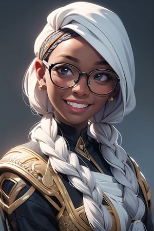 (African Nigerian woman) with white shilloeut skin in futuristic fashion cloth,blue ray glasses, glasses, full hair, long braid, very long braid, hopeful white skin, african style, african woman, black grown woman, ((smiling looking at viewers)), smiling, side view, Portrait, african hand plaited braid, aviator googles,moody expression, prayer mood, Realistic, Hyper realistic, Full detail, 8k, Cinematic shot, Cinematic lighting, Grattifi art, in an abstract paper cut art backgroung